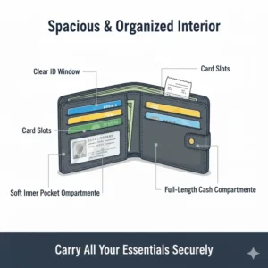 $\text{The open interior of the rfid bifold wallet showing organized slots for cards and cash.}$