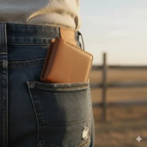 A slim mens leather western billfold being placed into a pocket to show its compact design.