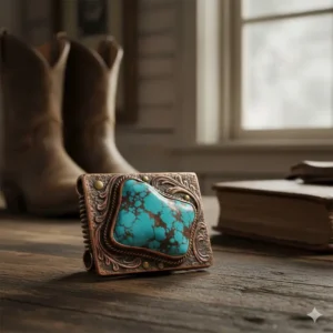 Authentic western money clip inlaid with natural turquoise stone and rustic copper detailing.