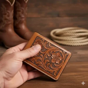 A slim men's western leather wallets being held, demonstrating its comfortable size and thin profile for back or front pockets.