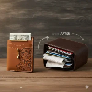 Side view comparison highlighting the slim and minimalist profile of a western money clip wallet.