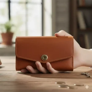 A woman's hand holding the compact womens brown leather wallet to show the ideal size and scale for everyday use.