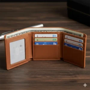 Capacity demonstration of the high quality trifold leather wallet, fully loaded with cards and cash while maintaining a slim profile.