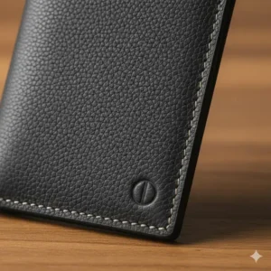 A close-up texture shot of the durable, high-quality material used to make this thin passport wallet.