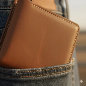Detailed macro shot of the high-quality full-grain leather on a mens leather western billfold.