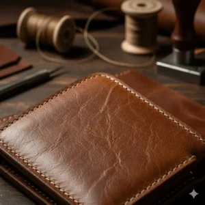 High-quality full-grain leather texture of a rugged western bifold wallet.