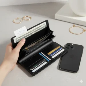 Woman's hand holding the compact black female wallet to show its ideal size and ease of grip.