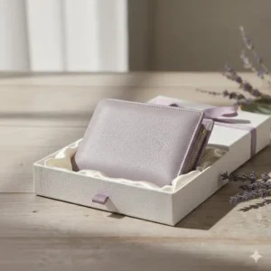 The elegant new lavender wallet placed inside its white presentation box, suggesting a perfect gift idea.