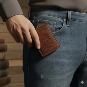 A man sliding a slim western money clip into the front pocket of denim jeans.