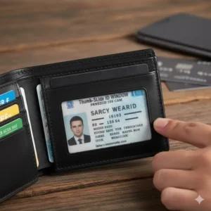 $\text{Close-up of the easy-access ID window feature on the leather rfid bifold wallet.}$