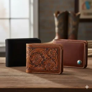A flat-lay photo showcasing three different styles of western leather wallets: black, distressed brown, and dark tan options.