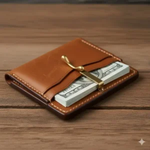 Detailed illustration of the durable brass spring tension clip inside a western money clip wallet.