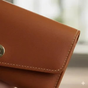 Close-up texture shot highlighting the rich color and high-quality feel of the genuine womens brown leather wallet material.