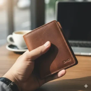 Lifestyle shot of the high quality trifold leather wallet being held in a hand for size and portability reference.