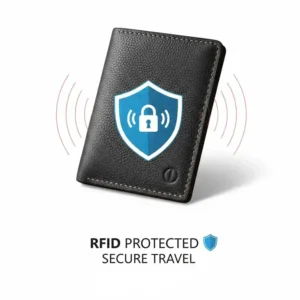 A graphic illustrating the RFID-blocking technology embedded within the thin passport wallet for secure travel.