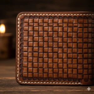 Traditional basketweave embossed pattern on the exterior of a mens leather western billfold.