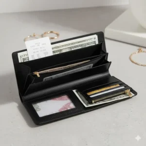 Black female wallet fully open, showcasing the large bill section and organized layout for cash and receipts.