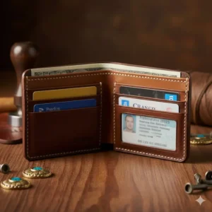 A western bifold wallet fully loaded with credit cards and paper currency.