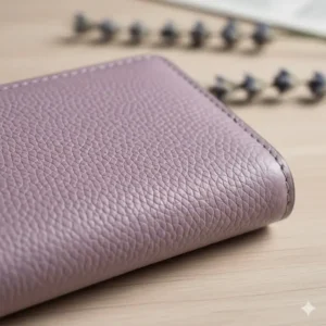 Macro shot highlighting the unique pebble grain texture of the genuine leather used for the lavender wallet.
