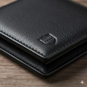 $\text{Detailed view of the premium leather and secure stitching of the durable rfid bifold wallet.}$