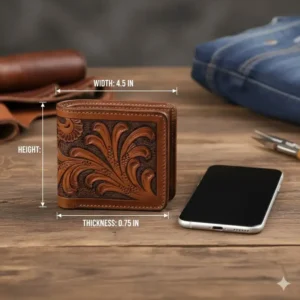 Graphic showing the exact size and thickness of the tri fold western wallet when folded.