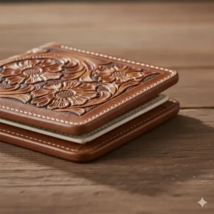 Detailed shot of the heavy-duty reinforced stitching along the edge of the rugged western leather wallets for lasting durability.