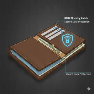Diagram explaining the built-in RFID blocking technology within the western money clip wallet.