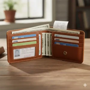 The womens brown leather wallet fully organized with credit cards, cash, and receipts, demonstrating its practical organizational capacity.
