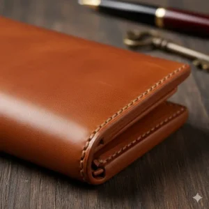 Detailed view of the precision stitching and reinforced edges on the durable high quality trifold leather wallet.