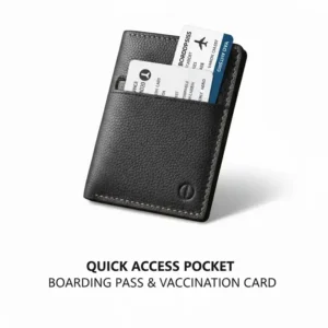 Image of the back quick-access pocket of the thin passport wallet securely holding a folded boarding pass.