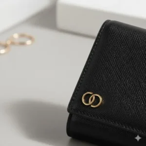 Detailed image of the gold-tone hardware and subtle designer logo on the front flap of the black female wallet.