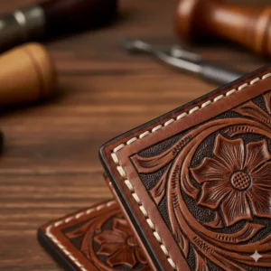 Detailed view of the heavy-duty stitching on a rugged tri fold western wallet.