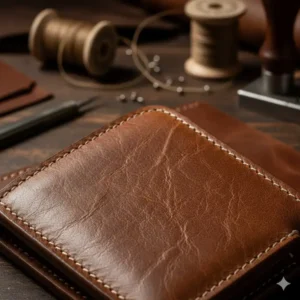 Close-up shot of the heavy-duty reinforced stitching on a western bifold wallet.