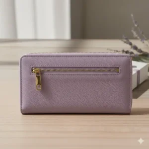 The reverse side of the lavender wallet showing a convenient zippered coin pocket for loose change.