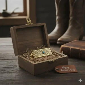 Luxury western money clip presented in a rustic wooden gift box for Father's Day or birthdays.