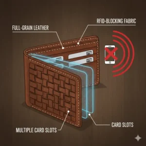Technical illustration showing the RFID protection layers inside a mens leather western billfold.
