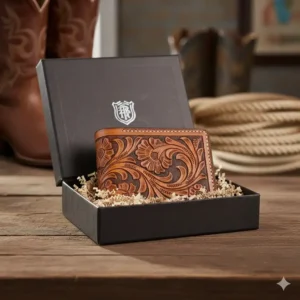 One of the western leather wallets placed inside its premium gift box, suggesting a perfect, authentic present for him.