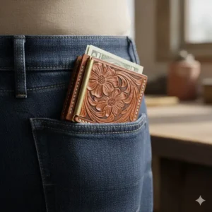 Illustration of a western money clip wallet fitting perfectly into a front jeans pocket.