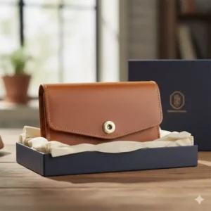 A new womens brown leather wallet displayed in its elegant gift box, ready for presentation.