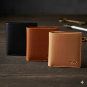Collection of three high quality trifold leather wallet color options: black, brown, and tan.