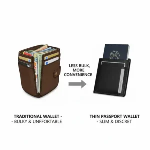Side-by-side comparison illustrating the difference in thickness between a traditional wallet and this thin passport wallet.