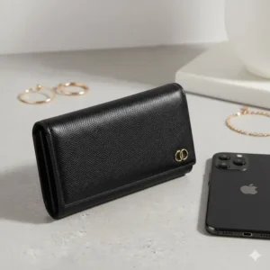 A fully loaded black female wallet lying next to a smartphone, demonstrating its high capacity without being bulky.