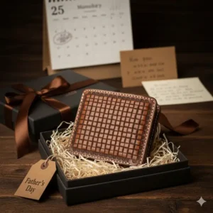 A mens leather western billfold presented in a luxury gift box for special occasions.