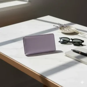 A stylish lifestyle image of the lavender wallet resting on a marble surface next to a pair of sunglasses.