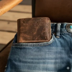 A classic western bifold wallet being placed into a blue denim jeans pocket.