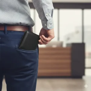 Man slipping the sleek rfid bifold wallet into his back trousers pocket for daily carry.