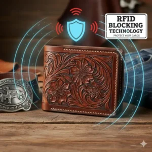 Technical illustration of the RFID blocking security inside a tri fold western wallet.