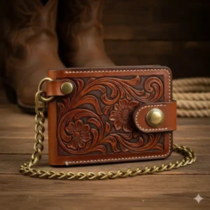 Antique brown western leather wallets featuring a solid brass chain attachment for security and a classic biker style.