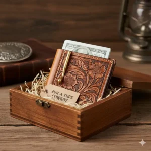 A western money clip wallet displayed in a rustic wooden gift box for a perfect presentation.