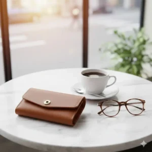 Lifestyle shot of the womens brown leather wallet resting on a marble cafe table next to a coffee, emphasizing its chic everyday appeal.